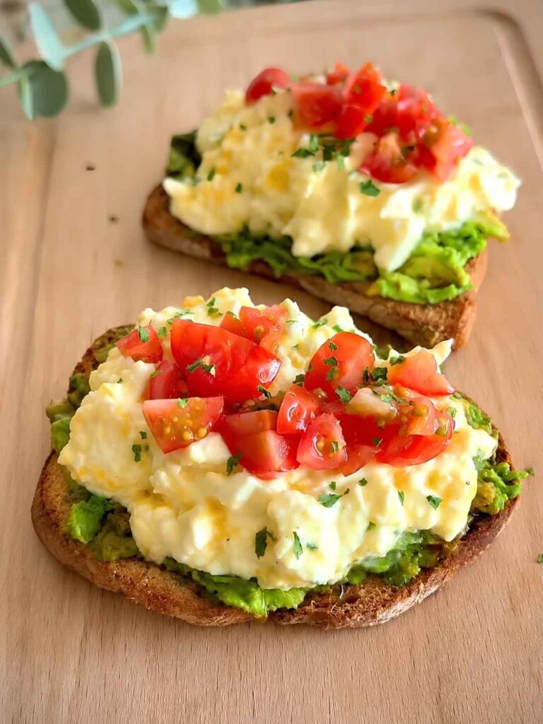 Avocado Toast with Scrambled Eggs and Fresh Tomato