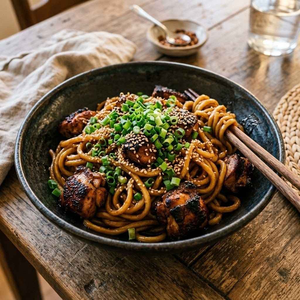 Sticky Garlic Butter Soy Noodles with Chicken