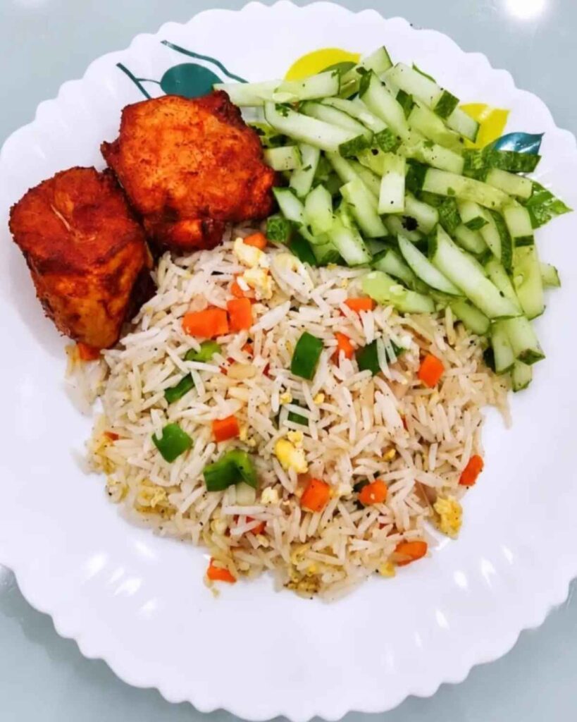 Fried Chicken and Vegetable Fried Rice Plate