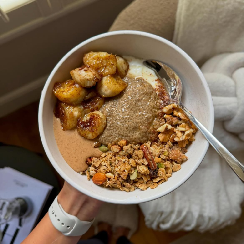 Chia Pudding Bowl with Caramelized Bananas and Walnuts