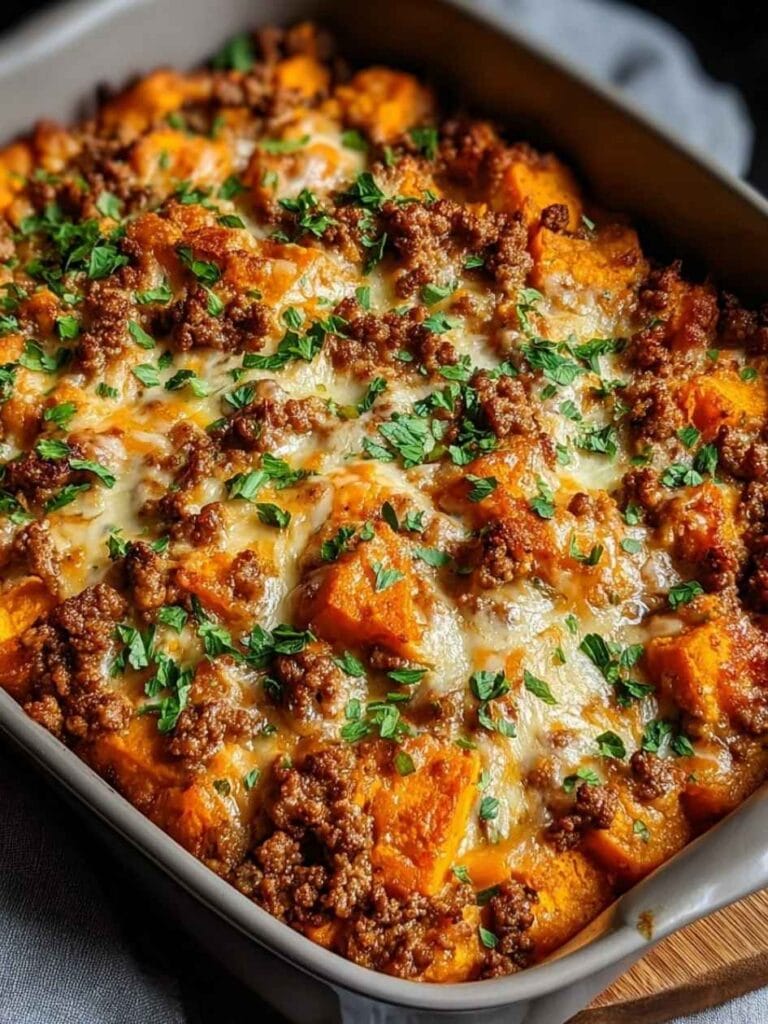 Seasoned ground beef gets scattered over the top before it goes in the oven, so every bite carries both the sweetness of the potato and the savory pull of the meat.