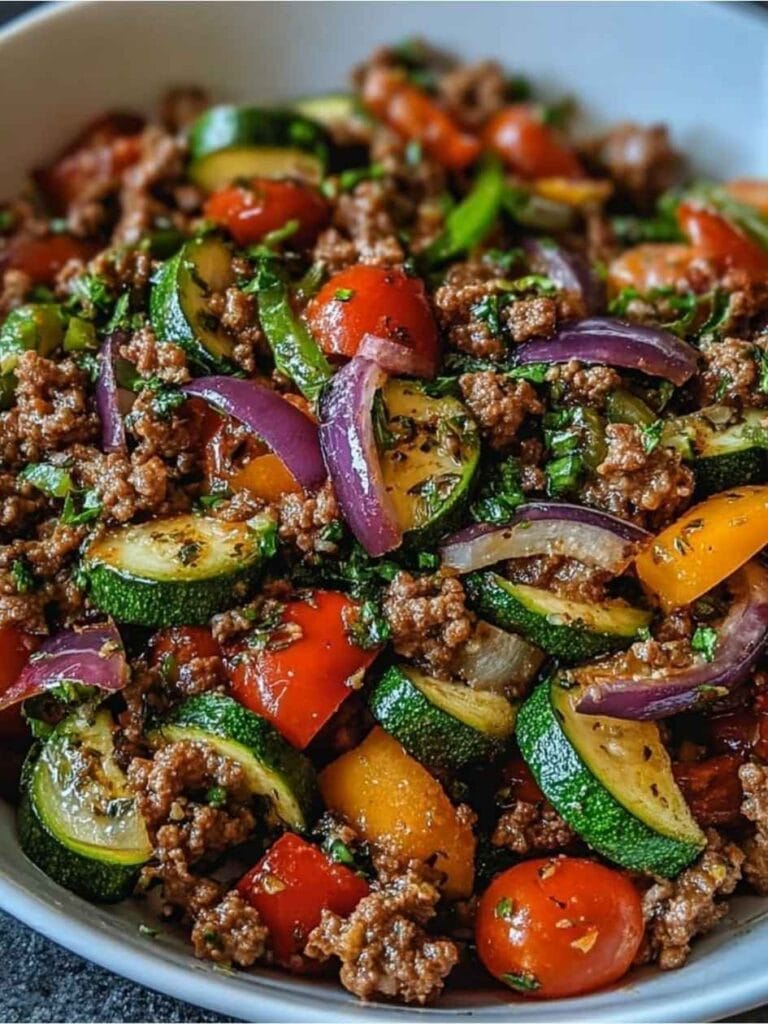 Browned ground beef sits mixed through charred zucchini rounds, halved cherry tomatoes, bell pepper strips, and sliced red onion, all finished with a generous scatter of fresh chopped herbs.