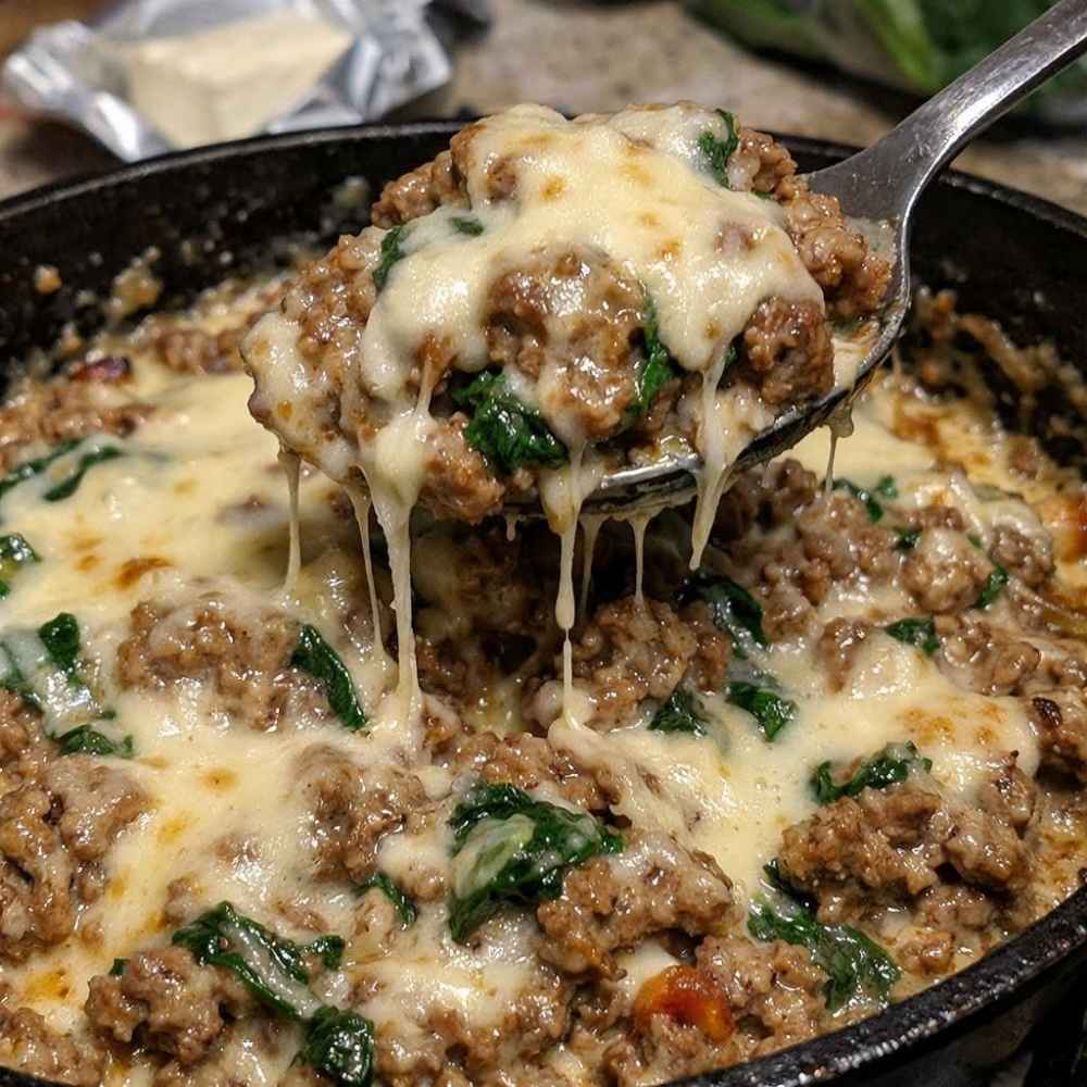 Long strings of melted white cheese stretch from the pan to the spoon, clinging to browned ground beef and wilted spinach underneath.