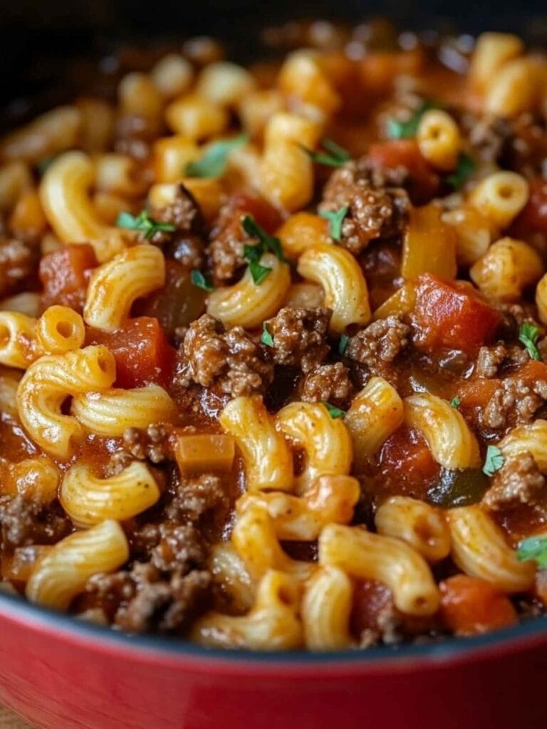 A hearty, steaming bowl of tender elbow macaroni and browned ground beef swimming in a rich, savory tomato sauce. It’s thick, comforting, and perfectly seasoned—the exact kind of nostalgic, scoopable dinner that warms you up from the inside out on a chilly fall evening.