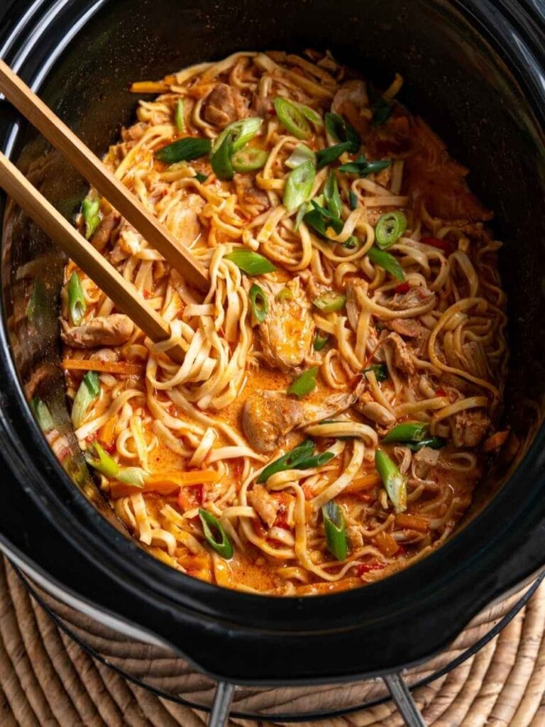 Slow Cooker Creamy Red Curry Chicken Noodles