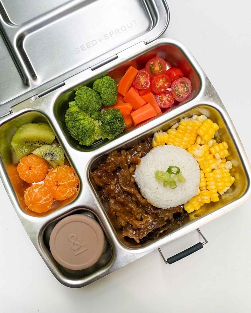 Stainless Steel Bento with Savory Beef, Rice, and Corn