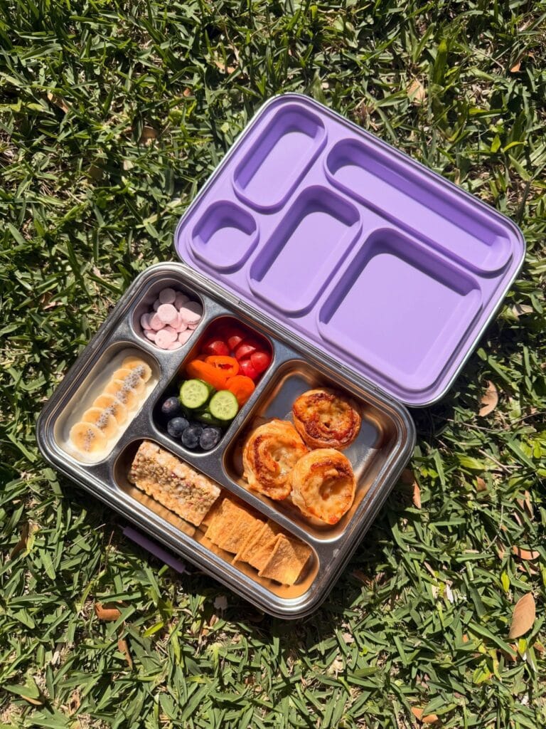 Stainless Steel Bento with Savory Pinwheels and Yogurt