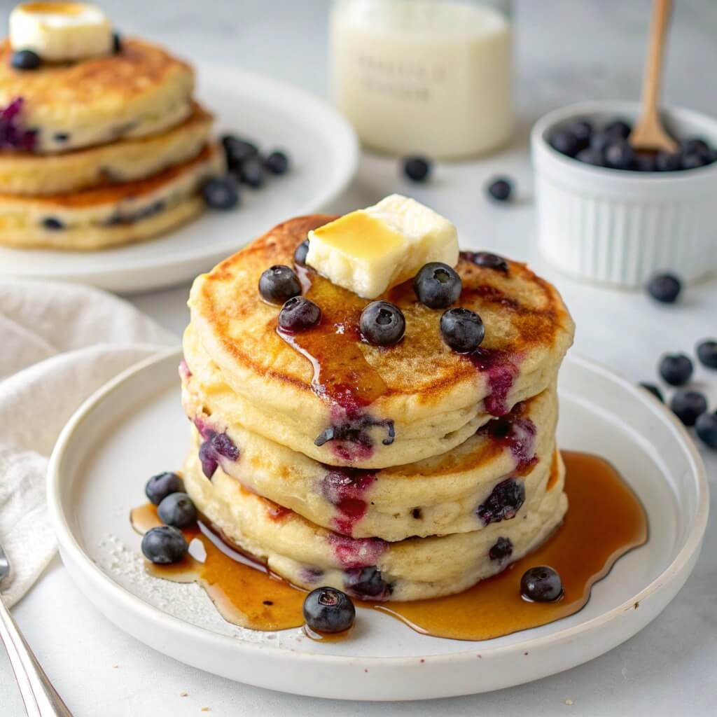 Fluffy Blueberry Pancakes with Maple Syrup